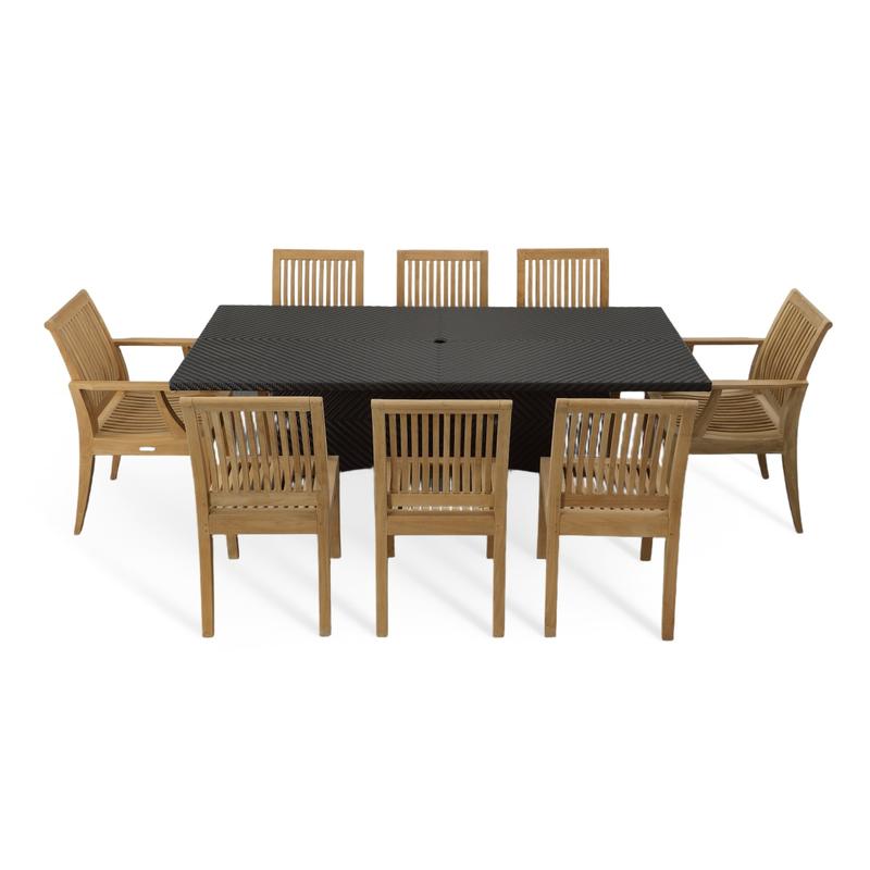 alt="70294 Laguna Valencia 9 piece teak Dining Set of 2 Laguna dining chairs and 6 Laguna dining side chairs and Valencia synthetic wicker 79 inch rectangular table side view on white background"