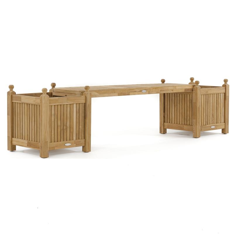 alt="18110 teak planter bench seat panel with two cube planters side angled on white background"