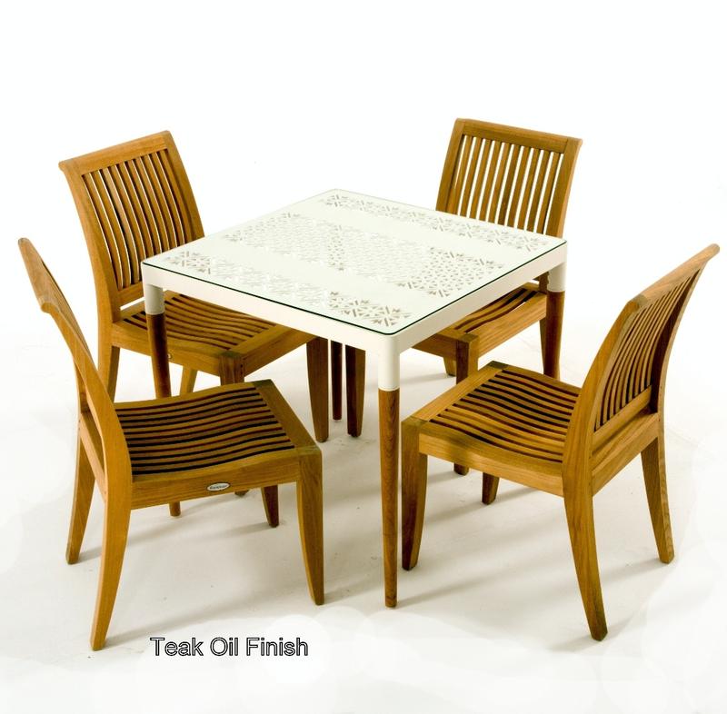 alt="70420 Bloom Laguna teak and powder coated aluminum 5 piece Dining Set with Teak Oil Finish corner angled view on white background"