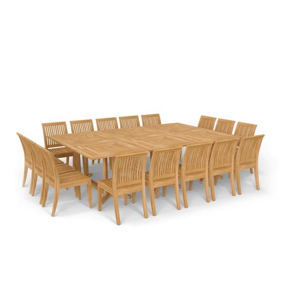 70288 Pyramid Teak Dining Set for 16 showing 3 Pyramid 72 inch Rectangular Dining Tables and 16 Laguna Teak Side Chairs in angled side view on white background