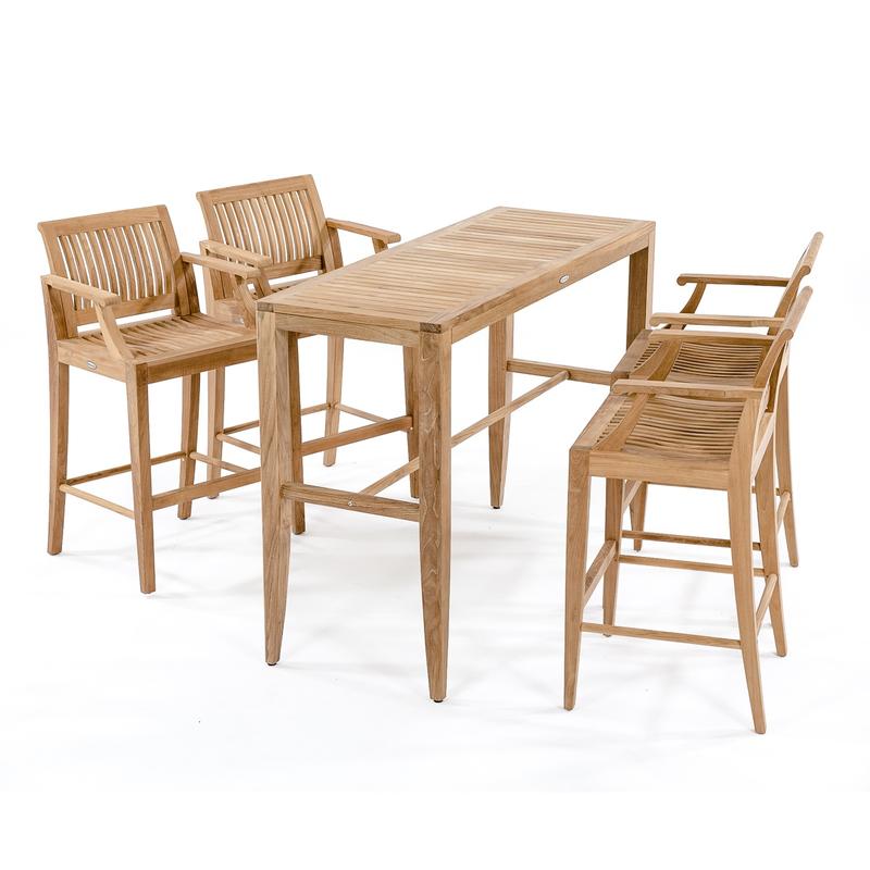 alt="70501 Laguna 5pc teak Bar Set of four bar stools with armrest and rectangle teak table angled aerial view on white background"