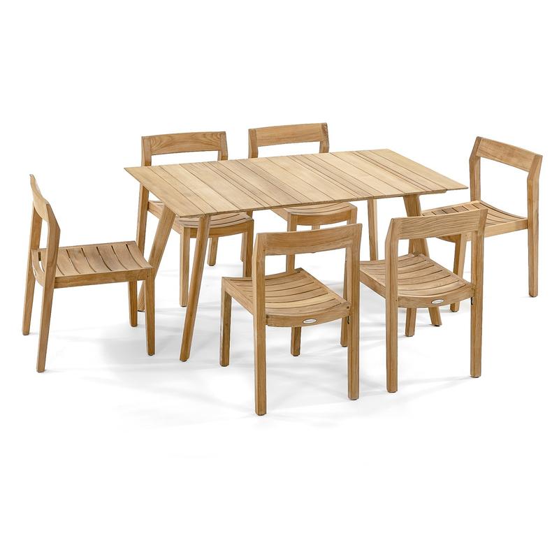 alt="70527 Surf Horizon 7 piece teak Dining Set of 6 side chairs and teak 60 inch rectangular dining table angled aerial view on white background"