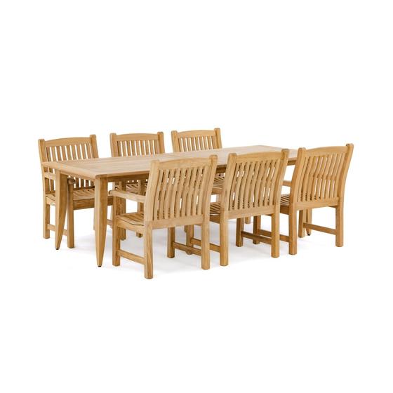 70815 Laguna Veranda 7 piece teak Dining Set of 6 teak dining armchairs and rectangular extendable dining table side angled view on white background