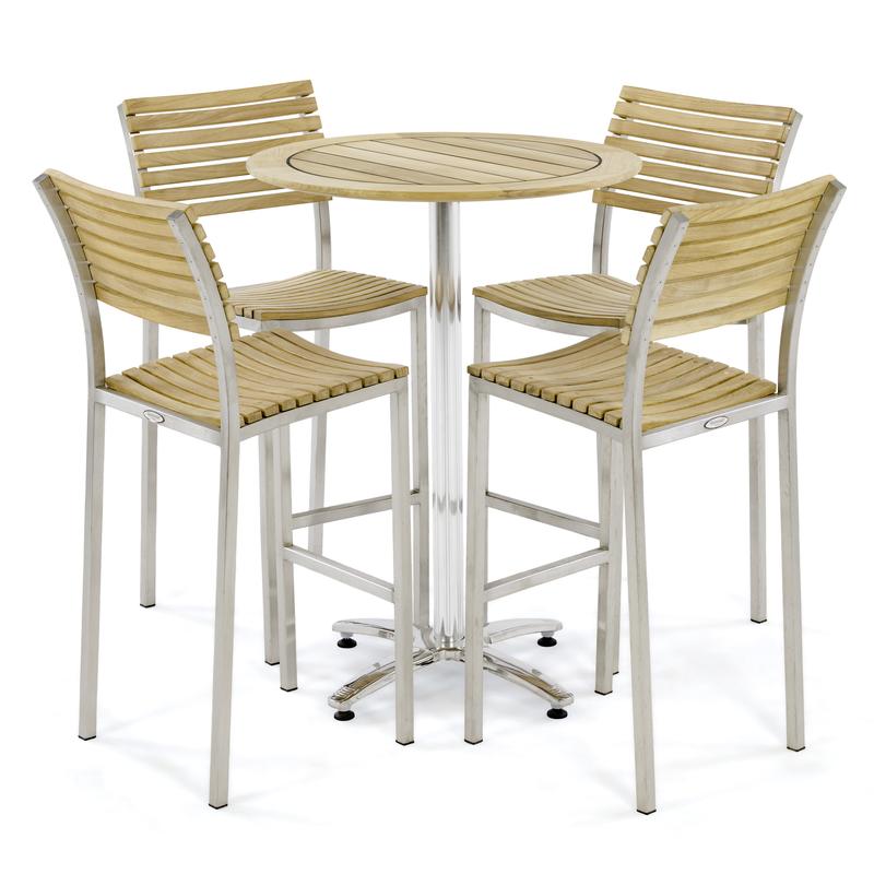 alt="70817 Vogue 5 piece Stainless Steel and Teak Wood 36 inch Round Bar Set of 4 Bar Height Side Chairs side view on white background"