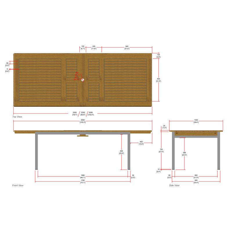 alt="25025 Vogue Teak and Stainless Steel102 inch Rectangular Extension Dining Table showing autocad of table top and side and end views on white background"