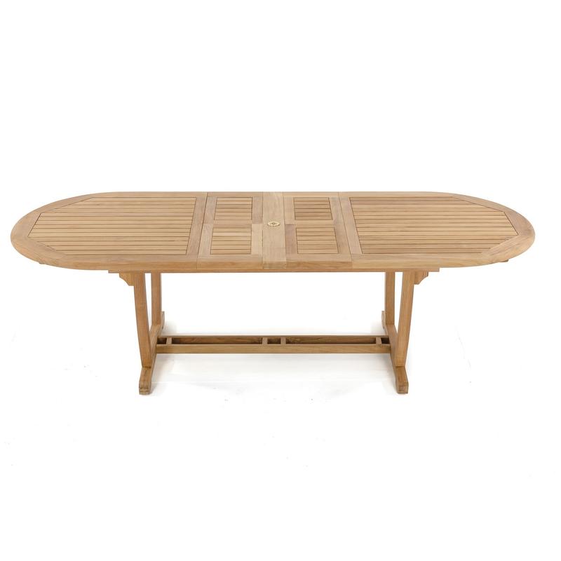 alt="15504 Montserrat Teak Table in angled side view on white background"
