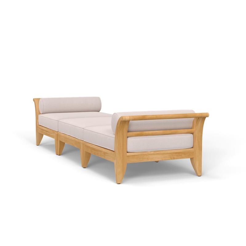 alt="70103 Aman Dais 3 piece teak set of 2 Aman Dais End Sectionals and Ottoman in angled end view on white background "