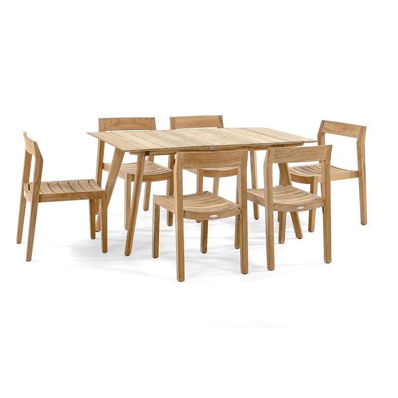 alt="70527 Surf Horizon 7 piece teak Dining Set of 6 side chairs and teak 60 inch rectangular dining table aerial side view on white background"