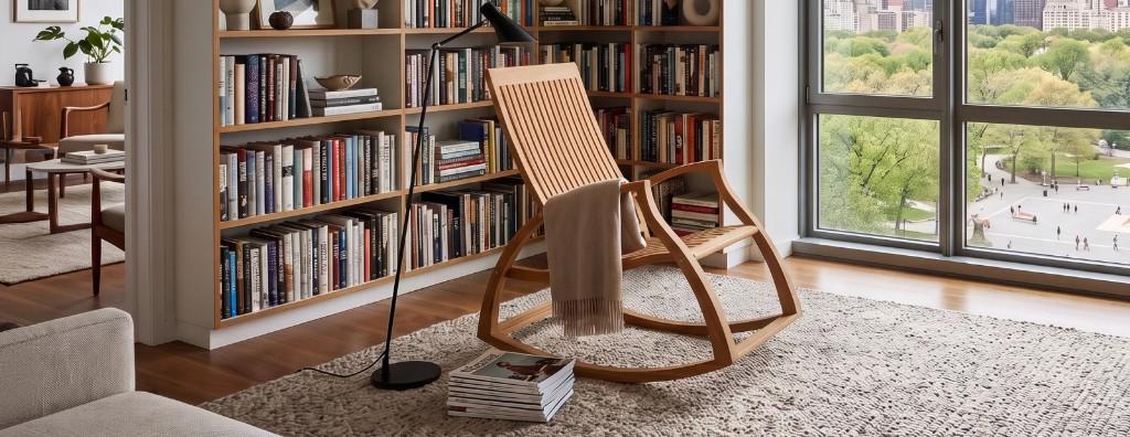 Aria rocker in a library overlooking a park