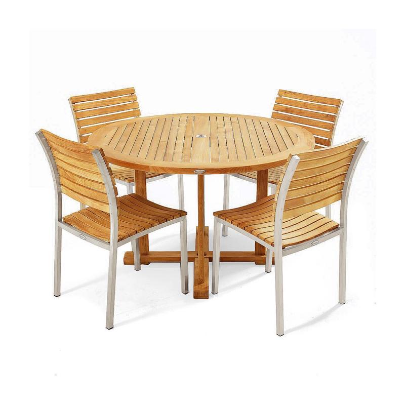 alt="70490 Vogue 48 inch Dining Set of 4 Vogue Teak and Stainless Steel SIde Chairs around a Round 48 inch Dia Teak Table angled top view on white background  "