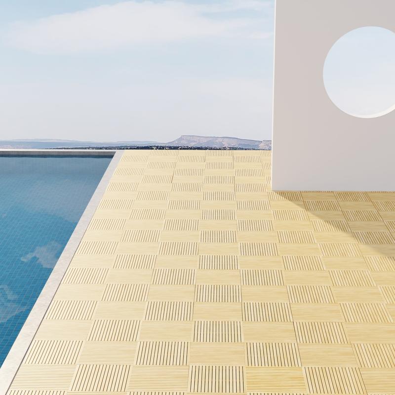 alt="18403 Callebotise Teak Floor Tiles on patio next to a pool with coastal views in the background"