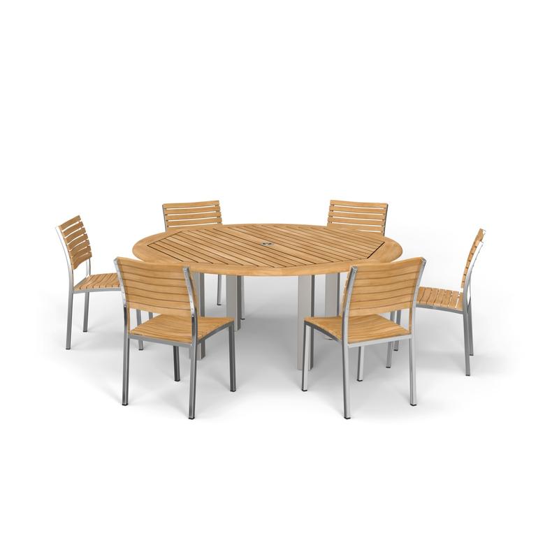 alt="70428 Vogue 7pc Round Dining Set of Vogue 6 ft Round DIning Table and 6 Vogue Side Chairs in angled top view on white background"