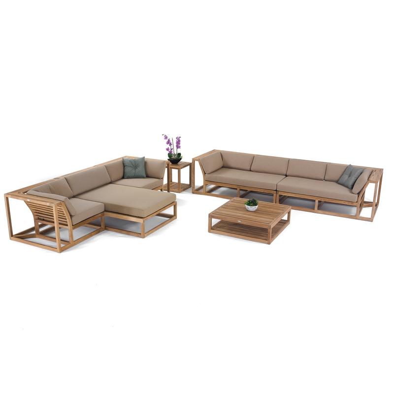 alt="70233 Maya 7 Piece Teak Sectional Sofa Set with cushions potted orchid plant on side table and plant on coffee table on white background"
