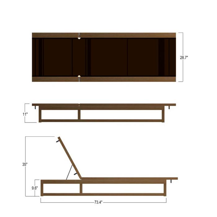 alt="16771 Maya Chaise Lounger in tobacco Textilene mesh fabric autocad of the top and side views on a white background"