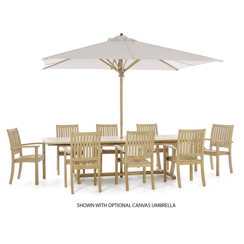 alt="70759 Sussex Veranda nine piece teak patio dining set side view with optional open rectangular market umbrella in table center on white background"