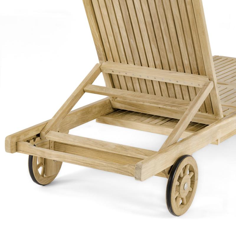 alt="16512s Somerset teak Chaise Lounger rear angled showing reclining position backrest and rubberizing wheels on white background"