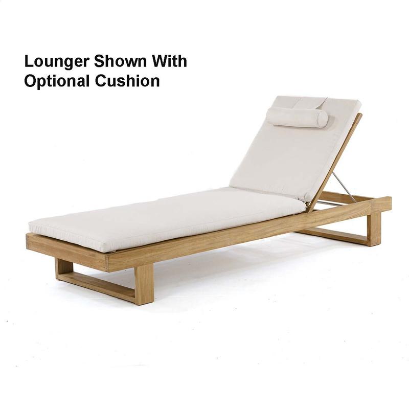alt="16773 Horizon Teak Chaise Lounger shown with optional cushions with the back upright position front angled view on a white background"