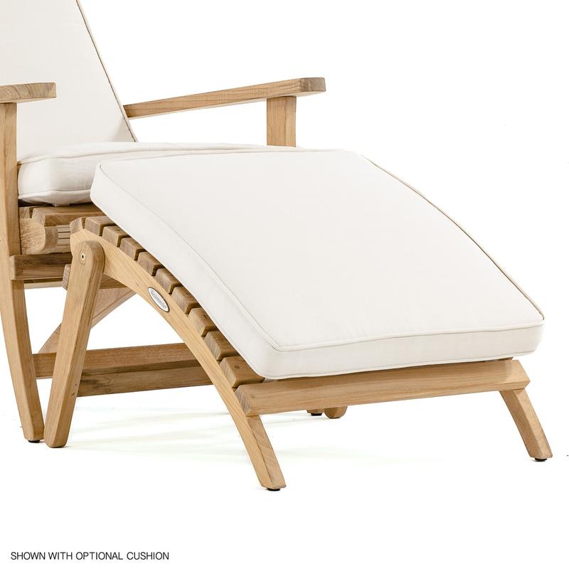 alt="70000 teak Adirondack Chair and footrest  with cushions close up view on white background"