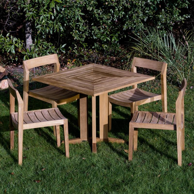 alt="70477 Horizon Pyramid 5 piece Dining Set on grass field with brown mulch and trees in background"