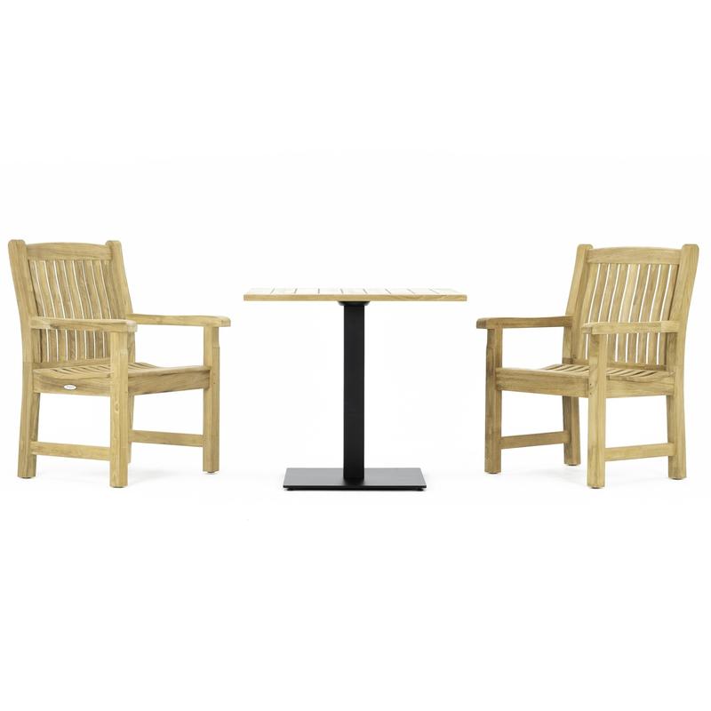 alt="70195 Veranda 3 pc Teak Bistro Set of Vogue Teak 32 Inch Square Table and 2 Veranda Dining Armchairs side view on white background"