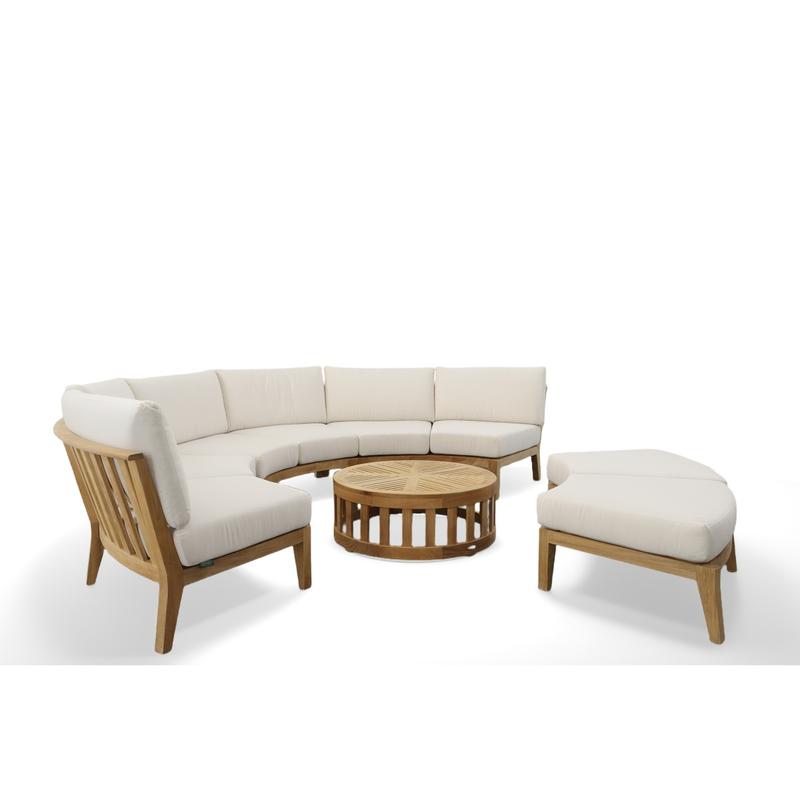 alt="70934 Kafelonia 4 piece Curved Sofa Sectional Set of 2 curved sofa sectionals and a curved backless sofa sectional and 36 inch teak coffee table front view on white background"
