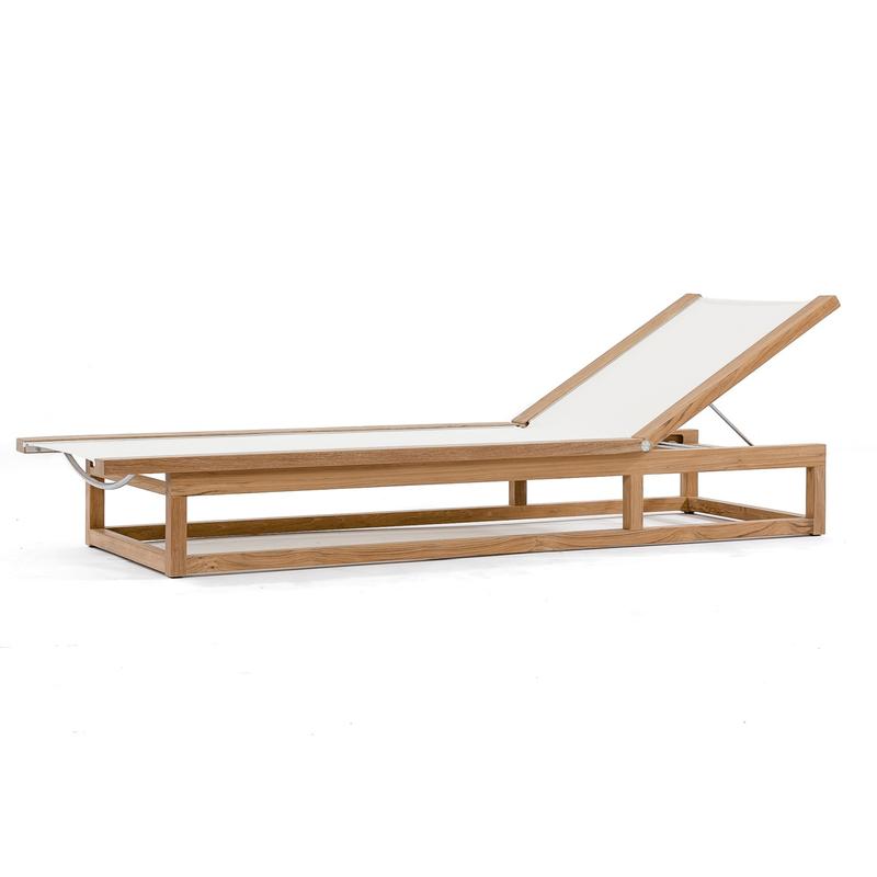 alt="16771 Maya teak Sling Lounger in white textilene mesh fabric the back rest in an upright position in angle side view on white background"