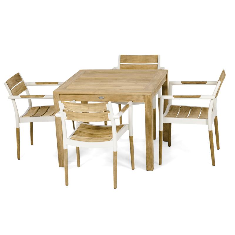 alt="70557 Bloom Square Teak Dining Set of 4 Bloom teak and powder coated aluminum dining chairs and teak 36 inch square dining table on white background "