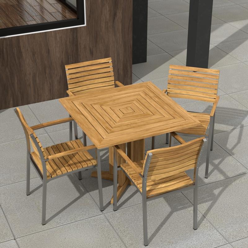alt="70575 Vogue Pyramid 5pc Dining Set in aerial corner view of table top on patio with a window and 2 black posts in background"