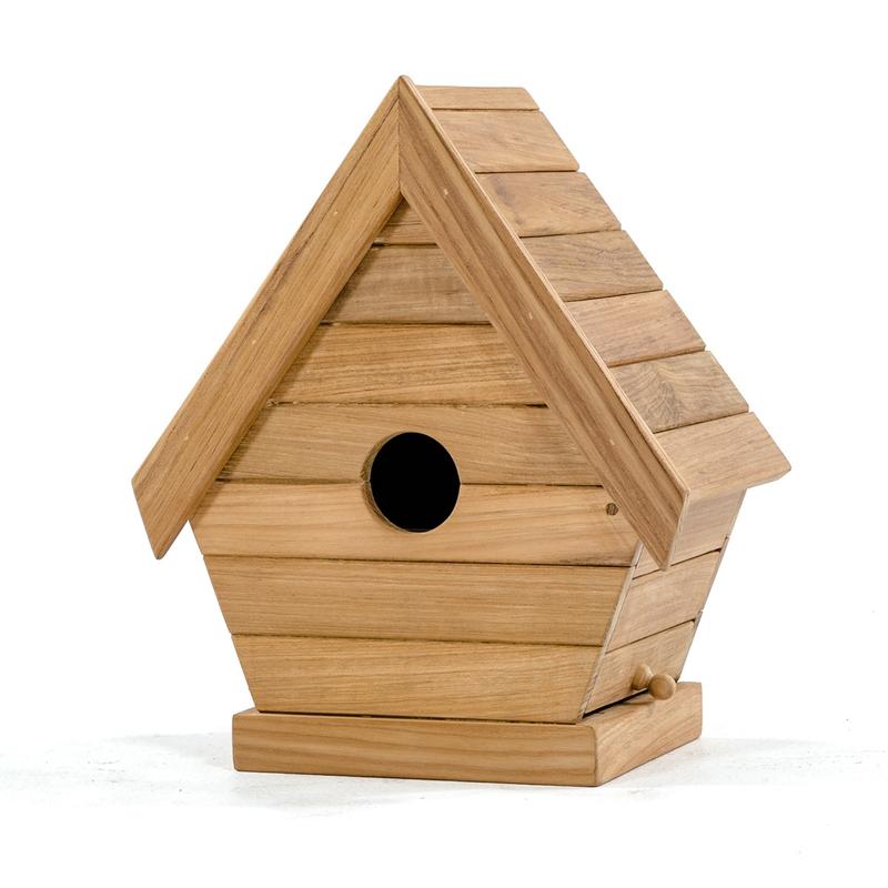 alt="19003 teak bird house front angled on white background"