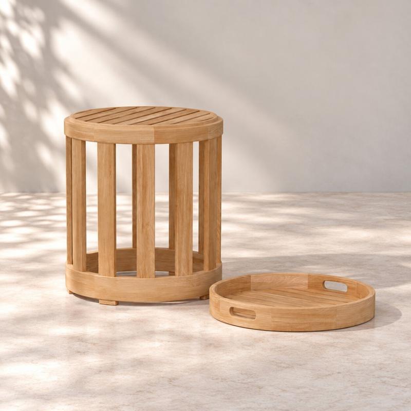 alt="Kafelonia Round Teak Side Table with Serving Tray - Picture A"