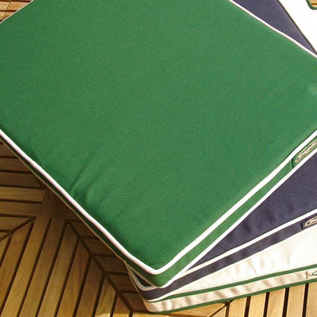 alt="71011MTO Sunbrella Chair Cushion showing welt color on cushions on a teak table"