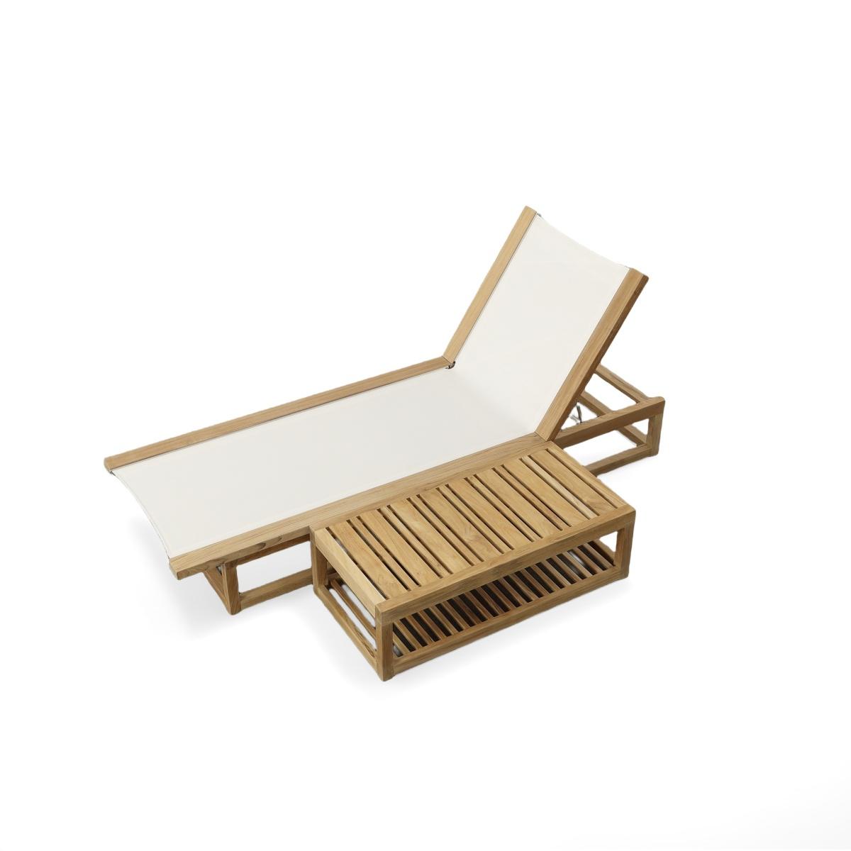 70939 Maya Teak Sling Lounger and Side Table Set in white textilene mesh fabric the back rest in upright position angled aerial view on white background