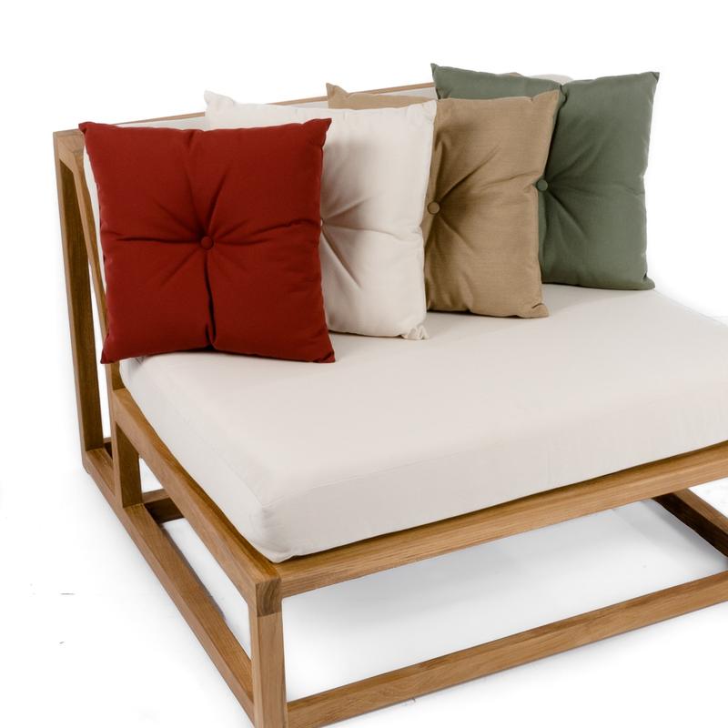 alt="71000MTO Solid Color Throw Pillow showing 4 in standard colors of and terracotta canvas heather beige and stone green on a cushioned Maya teak slipper chair on white background"