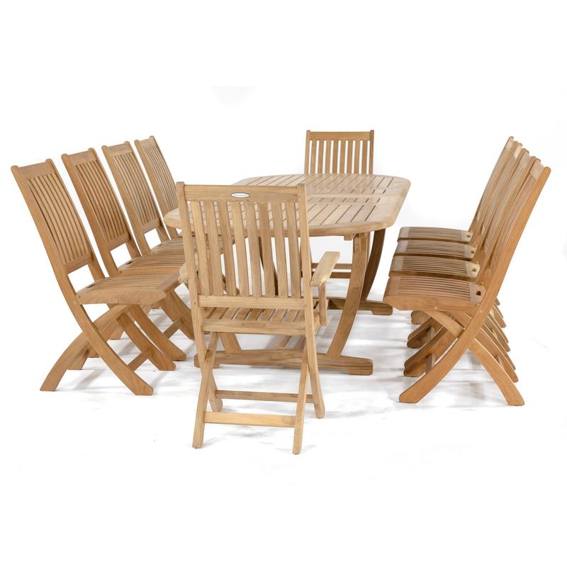 alt=" 70050 Montserrat Barbuda 11 piece oval teak dining set side profile on white background"
