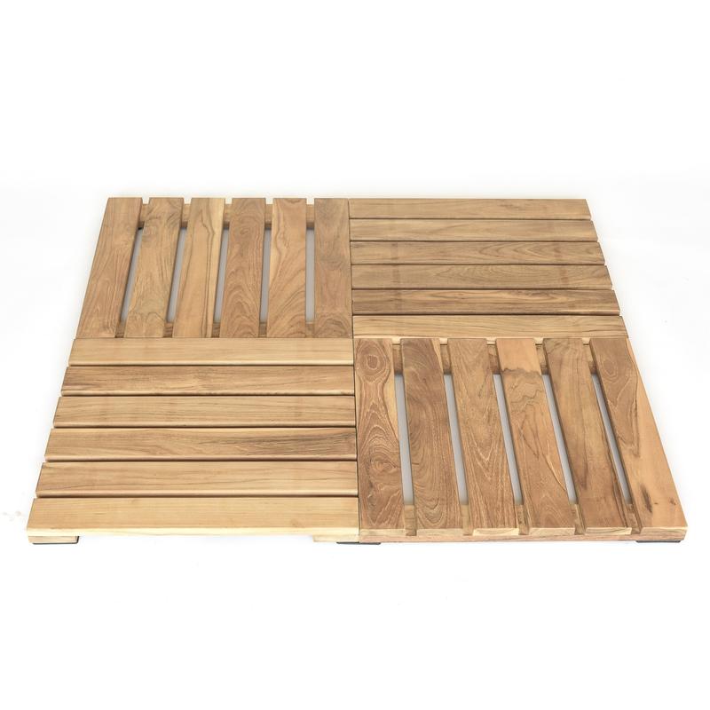 alt="18490 Callebotise Teak Floor Tiles showing 1 carton of 4 teak floor tiles measuring 10 sq ft angled top view showing pattern and layout in basket weave pattern on white background  "