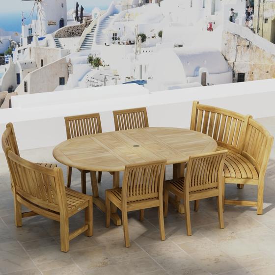  70266 Martinique Sussex 7 Piece Bench Set with 3 beer glasses on table on concrete slab patio overlooking snowy mountains
