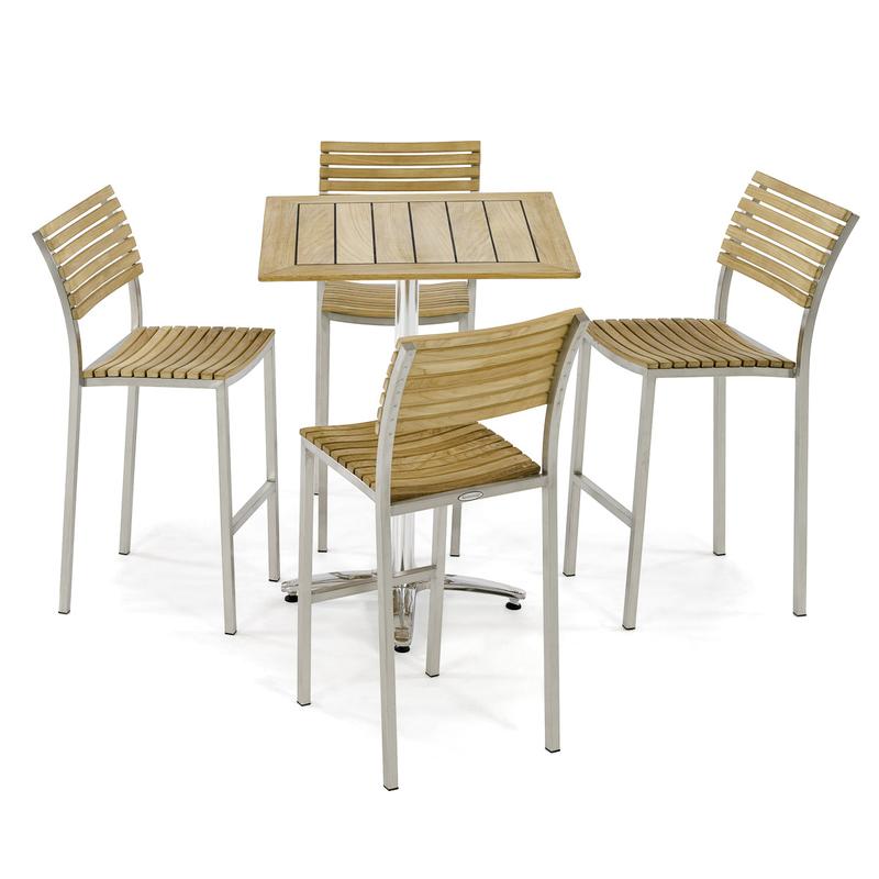 alt="70688 Vogue 5 piece Teak and Stainless Steel Bar Set of 4 teak and stainless steel barstool and 30 inch square teak and stainless steel bar table on white background"