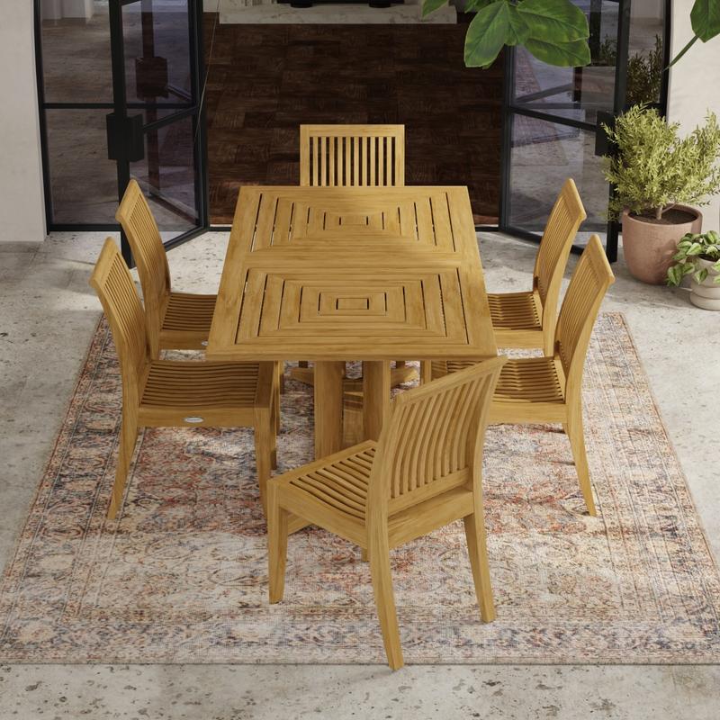 alt="70293 Pyramid 7 piece teak Dining Set side view of 2 teak armchairs 4 side chairs and 5 foot rectangular teak dining table on white background"