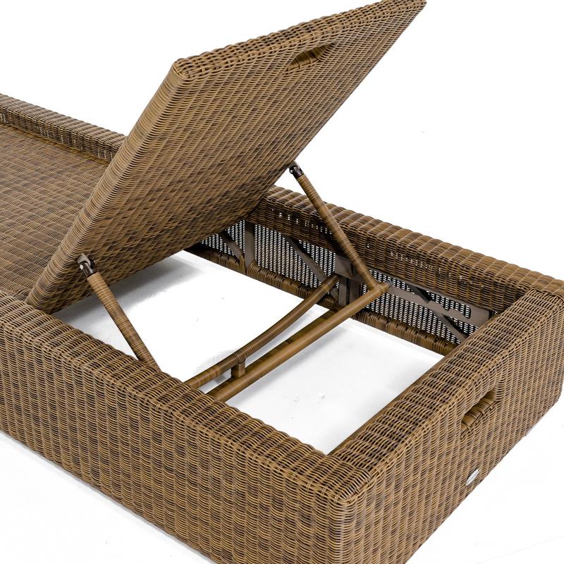 alt="30002dp Malaga synthetic wicker chaise lounger with cushions back angled closeup view of multi positional reclining mechanism on white background"