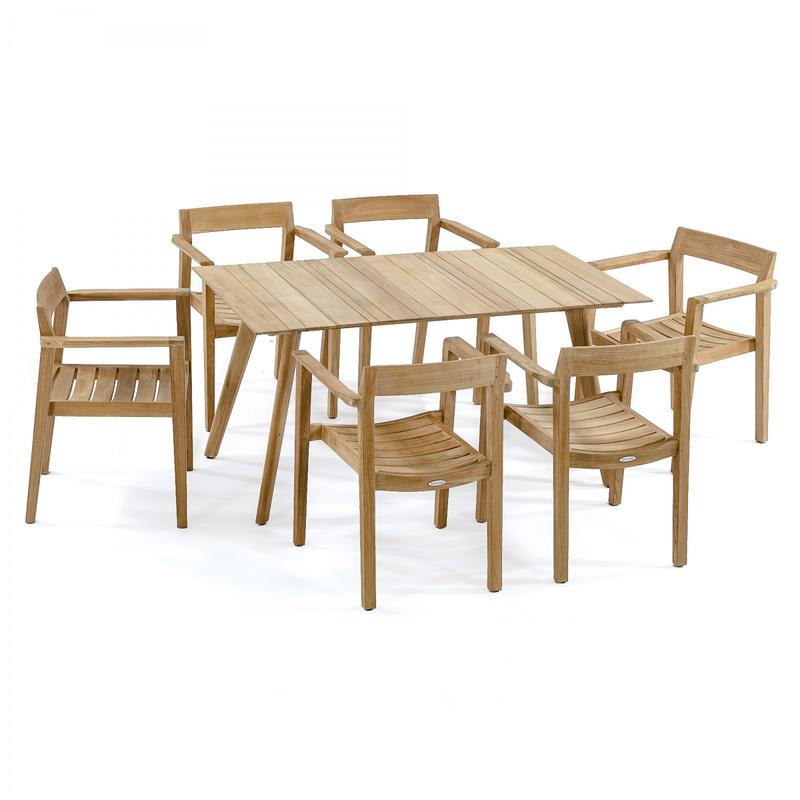 alt="70524 Surf Horizon teak 7 pc rectangular Dining Set angled aerial view on white background"