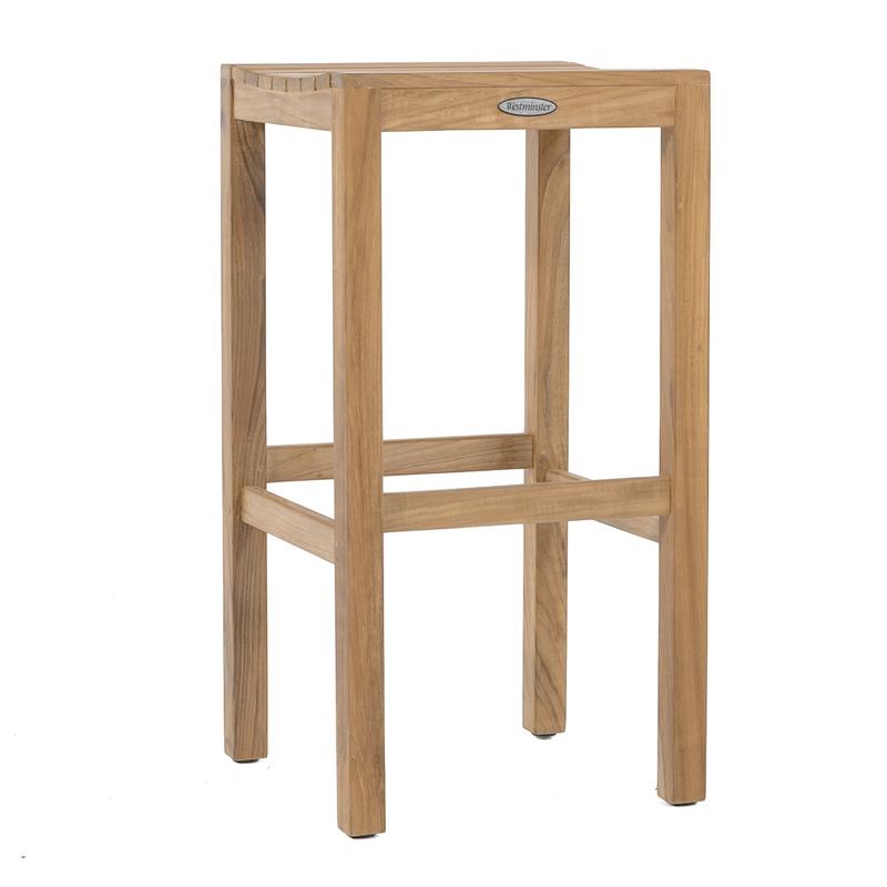 alt="70083 Somerset teak square backless bar stool angled view on white background"