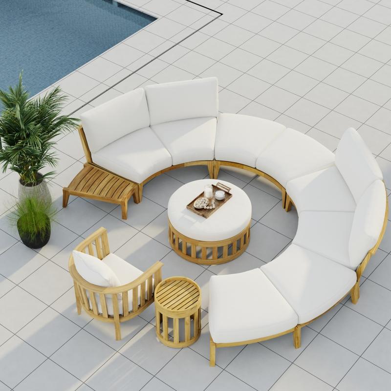 alt="70940 Kafelonia 6 piece Sofa Sectional Set in aerial view on outdoor tiled patio next to 2 potted plants and in front of a pool"