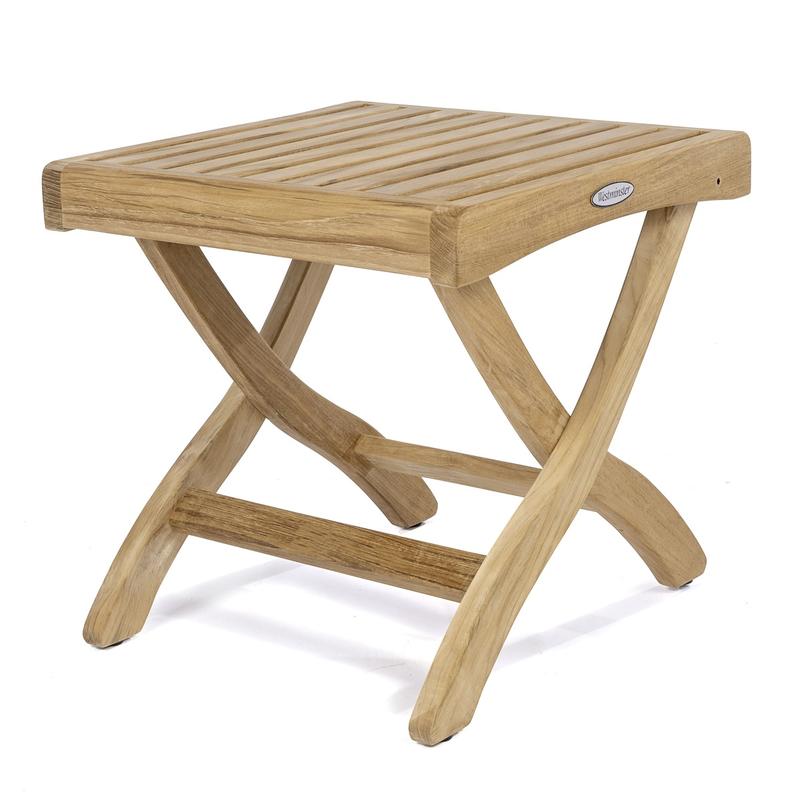 alt="18600 Barbuda Folding Teak Side Table Ottoman angled side view on white background"