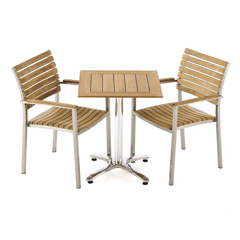 alt="70668 Veranda Vogue Bistro Set of teak and stainless steel rectangular table and 2 teak dining chairs on white background "
