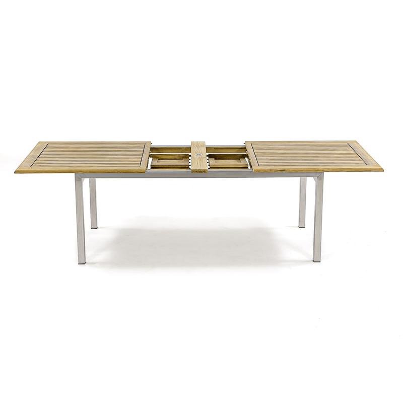alt="70827 Vogue Grand Extending Rectangular Table angled end view showing table extended with both butterfly leaves collapsed on white background"