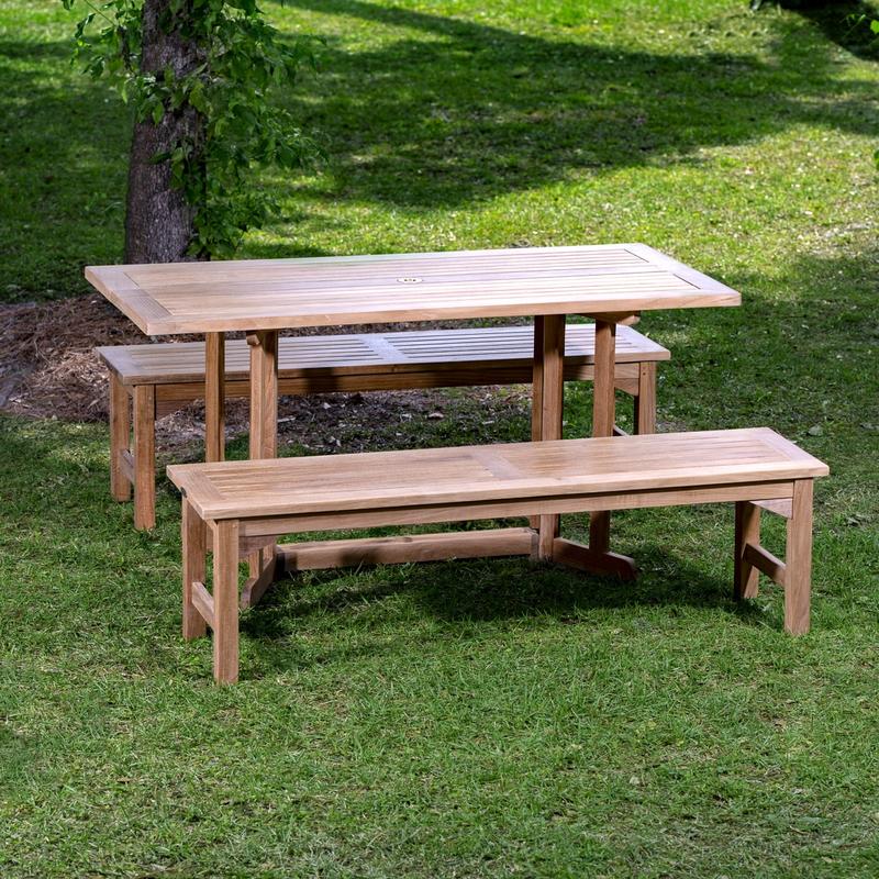 alt="70061 Barbuda Picnic Table teak Dining Set on grass field with tree in background"