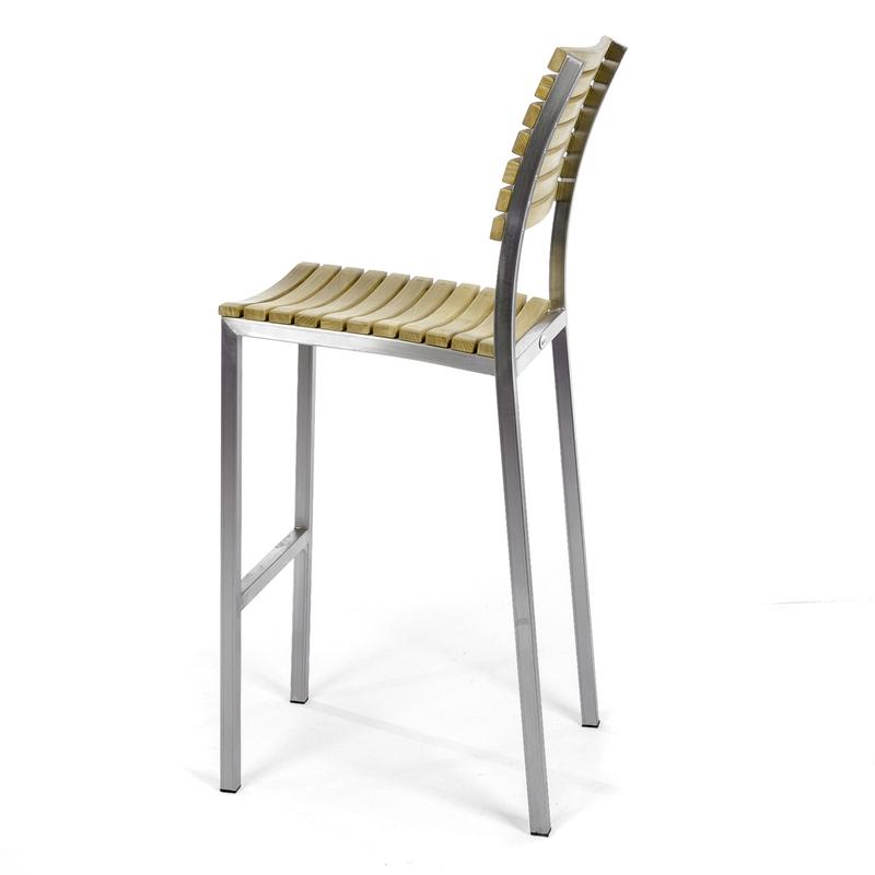 alt="21510 Vogue Teak and Stainless Steel Bar Stool in side view on a white background"