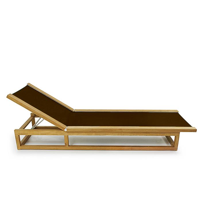 alt="16771 Maya teak Chaise Lounger in tobacco Textilene mesh fabric side view on white background"