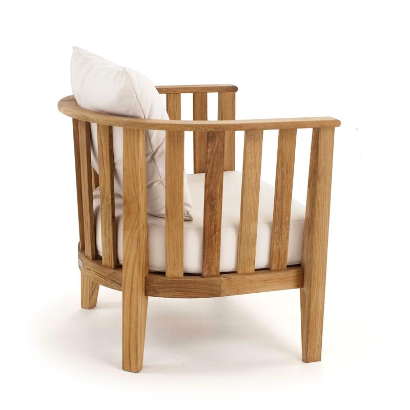 alt="12170DP Kafelonia teak Barrel Chair with cushions in angled side view on white background"