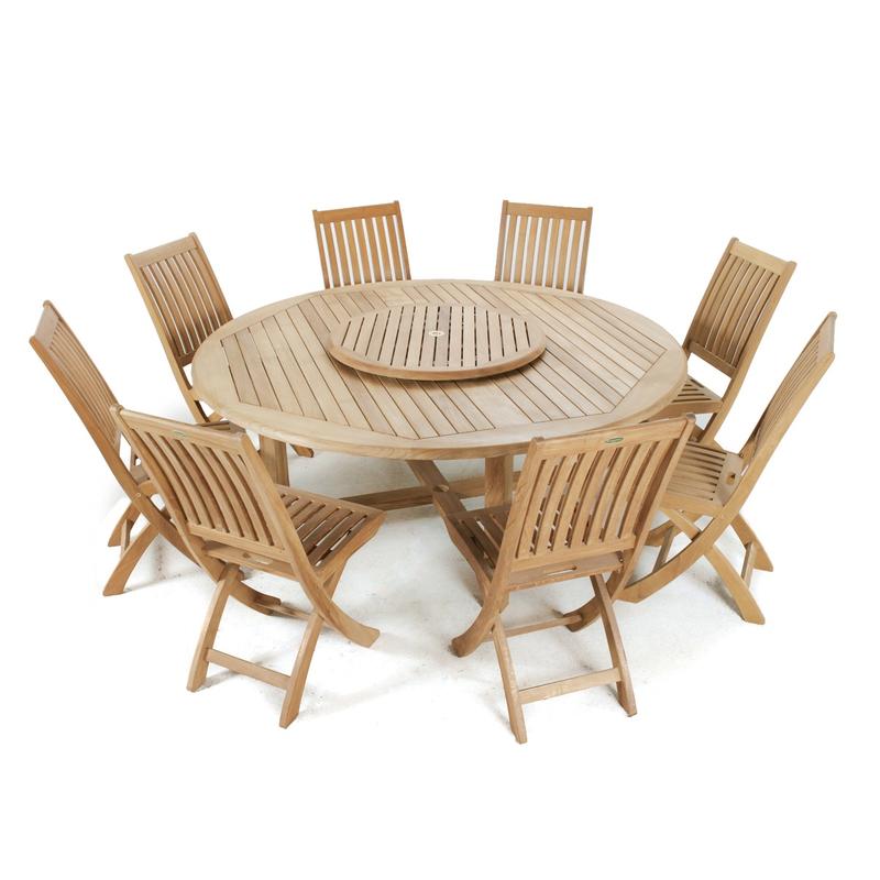 alt="70026 Buckingham Barbuda teak 9 piece Dining Set of teak 72 inch round dining table and 8 teak side chairs with optional Lazy Susan in center on white background"